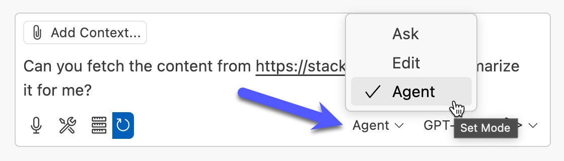 VS Code Copilot agent mode selection